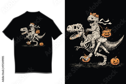 Scary halloween t-shirt design featuring a skeleton riding a dinosaur with jack-o-lanterns and spooky elements perfect for spooky season