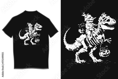 Funny dinosaur t-rex skeleton riding dinosaur halloween costume t shirt design for kids adults and dinosaur lovers