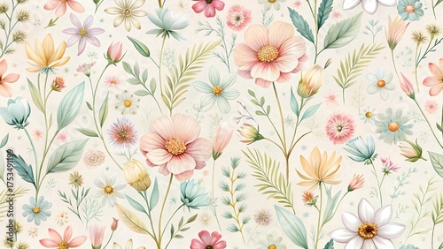Soft watercolor floral pattern with delicate pastel flowers and green leaves on a light cream background, perfect for spring and summer designs
