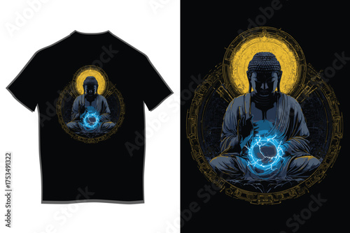 Mystical buddha t-shirt design featuring radiant aura and cosmic energy sphere for spiritual apparel