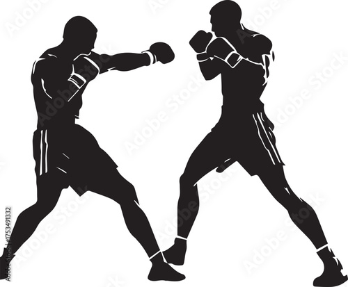 Boxing match silhouette — black and white illustration of two athletes sparring with gloves in dynamic fighting stance