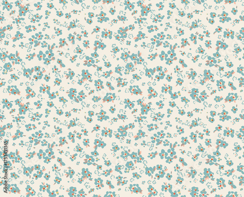 Ditsy floral seamless pattern in blue and peach on a cream background. Cute small meadow flowers. Delicate botanical illustration for spring fabric, wallpaper, or romantic textile design.