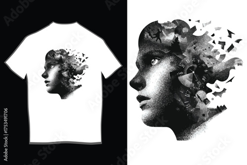 Artistic t-shirt design featuring a fragmenting classical sculpture head in profile for unique apparel graphics