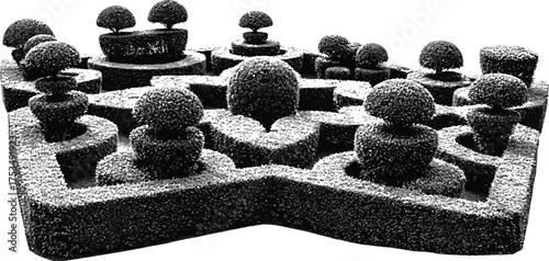 Formal topiary garden with geometric hedges and shaped trees, monochrome