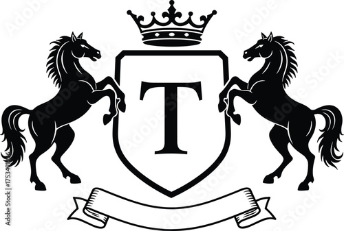 Black Silhouette Crest with Two Rearing Horses Crown and Banner shield heraldry
