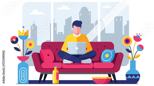 Vector art of a man sits on a couch in a stylishly decorated room, focused on his laptop, amidst flowers and city views, capturing the essence of a productive and comfortable workspace