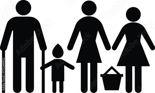 Vector art of black silhouette of a family including an elder, parents, and child with a basket