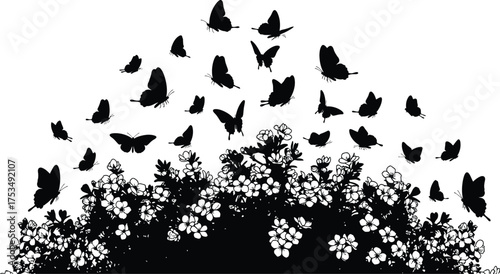 Butterfly swarm with floral bush, springtime, monochrome