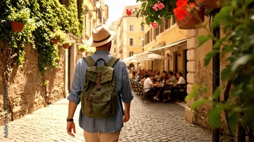 Traveler Hat And Backpack Walking Down Cobblestone Street European Adventure Tourism City Explore Vacation Wanderlust