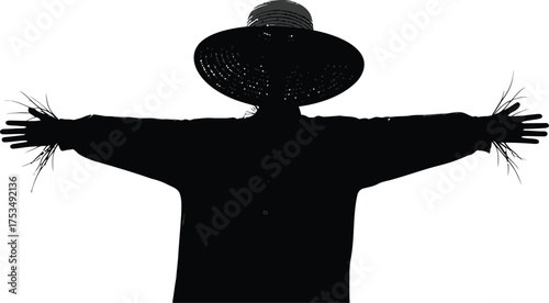 Silhouette scarecrow with straw hands, wearing a hat, in monochrome