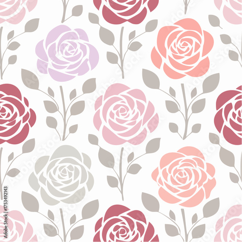 Seamless Floral Pattern with Stylized Roses and Leaves.