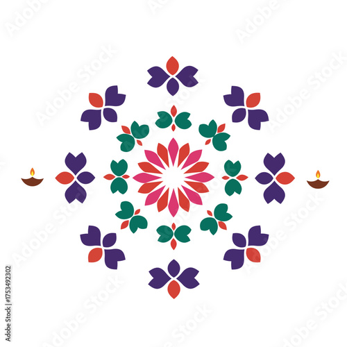 Vibrant Festive Floral Rangoli Design with Diyas for Celebration