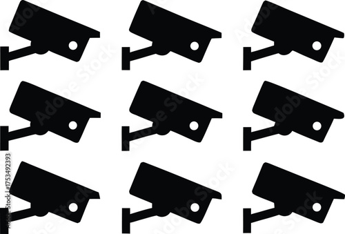 Vector art of a grid of nine black security camera silhouettes isolated on a