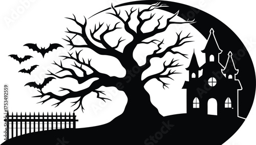 Vector art of silhouette of a spooky haunted house with a large dead tree and bats flying in the night sky