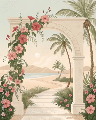 Cream-colored arch bordered with blooming hibiscus