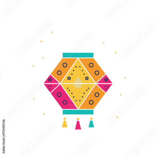 Vibrant geometric festive lantern illustration with intricate patterns, colorful design, and decorative tassels, ideal for cultural celebrations and joyful traditional projects