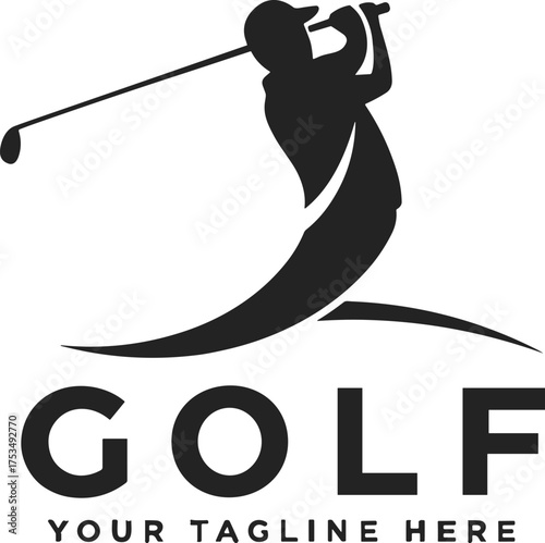 Black silhouette of a golfer swinging a club with the word G O L F below sport athletic
