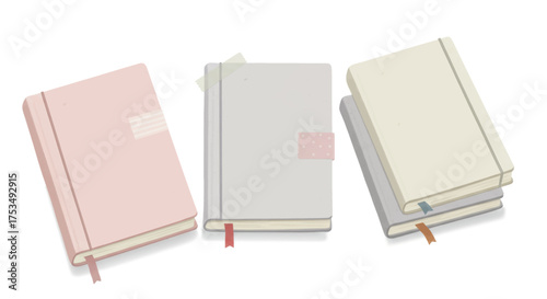 Three minimalist notebooks, one pink and two gray, are displayed at an angle on a white background, symbolizing organization and planning