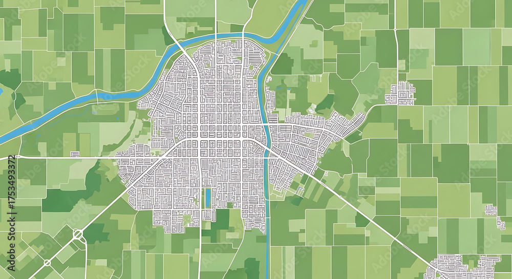 Fototapeta premium Aerial view of a modern city with surrounding agricultural fields and a winding river