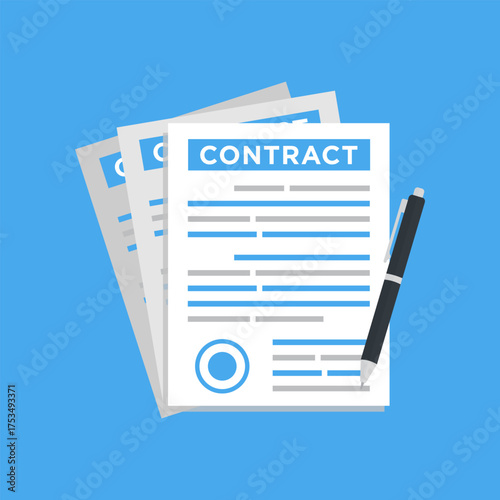 Contract signing illustration. Document with seal and pen. Signing contract, agreement, or treaty. Top view, flat style design.