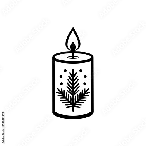A festive Christmas candle with a pine tree branch and sparkling decorations, creating a cozy holiday atmosphere.