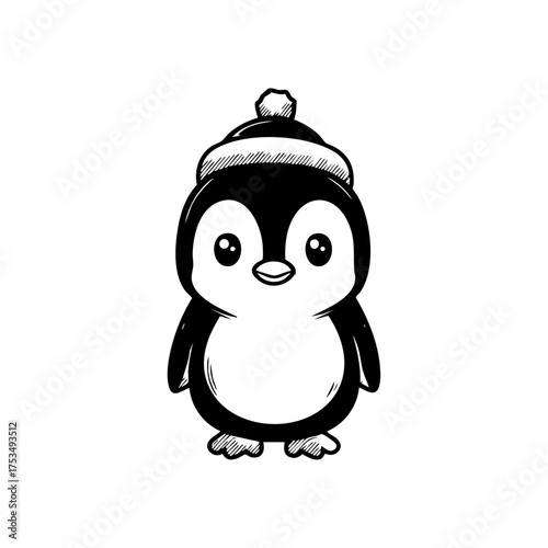 A cute penguin wearing a winter hat to keep warm during the holidays.
