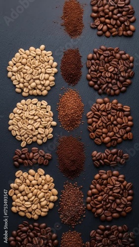 Variety Of Coffee Beans And Grounds On Dark Slate