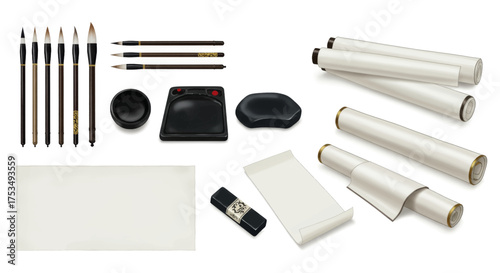 Traditional Japanese calligraphy supplies including ink stones, brushes, scrolls, and paper for art creation