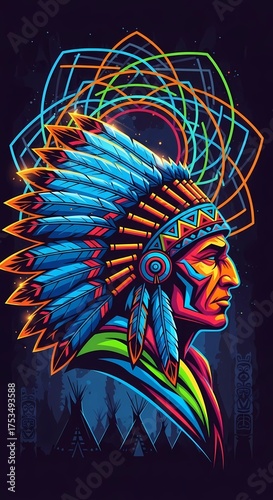 Electric Native American Chief: Modern Neon Art & Indigenous Dreamcatcher Design