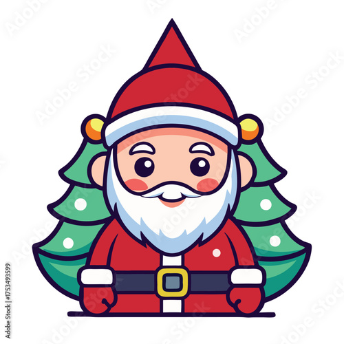 Vector art of a cheerful santa claus illustration with a christmas tree backdrop, spreading holiday joy and festive cheer