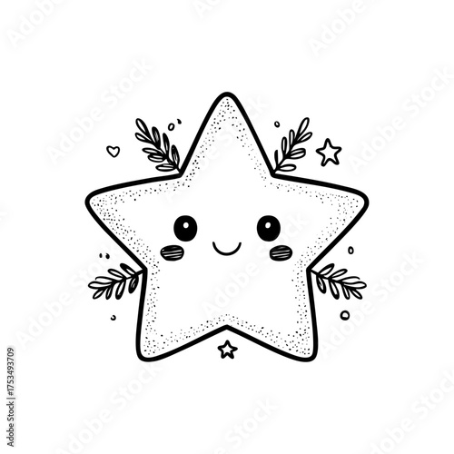 A happy star adorned with leaves and small stars, perfect for holiday decor and spreading festive cheer.
