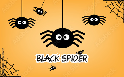 Cute little black spiders on orange background with spider webs, Halloween cartoon, vector illustration.