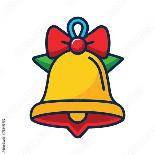 Vector art of festive golden christmas bell with a red bow and green leaves, a cheerful symbol of holiday celebration and joyful traditions