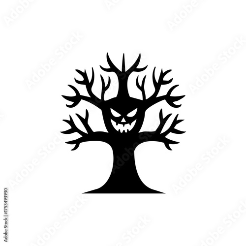 A spooky Halloween tree with a terrifying grin, ready to haunt your decorations.
