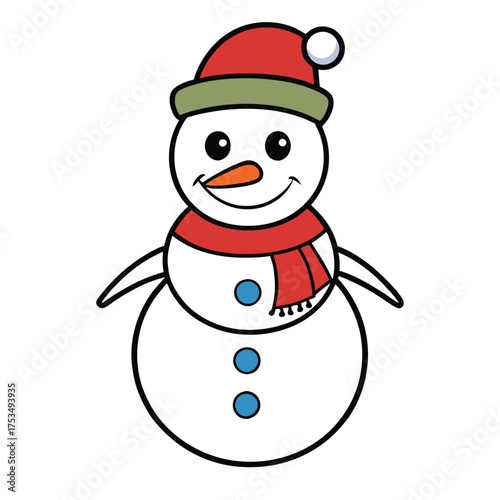 Vector art of cheerful snowman with a red hat and scarf, a cute winter holiday character with a carrot nose and button details