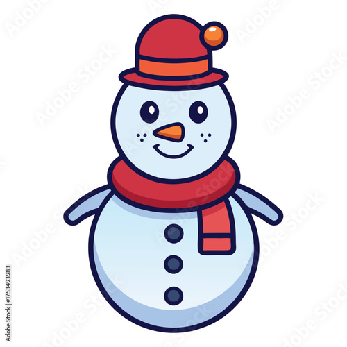 Vector art of adorable snowman with a red hat and scarf, a charming winter figure with a carrot nose and button details