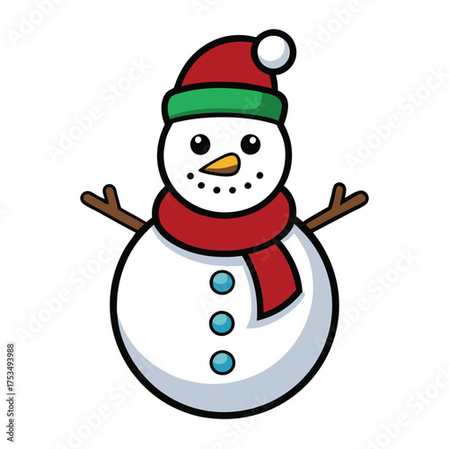 Vector art of delightful snowman with a red and green hat and scarf, a festive winter character with a carrot nose and button details