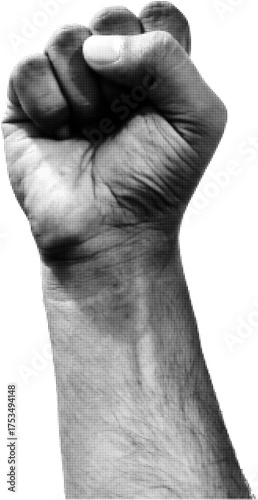 Retro halftone collage elements for mixed media design. raised fist Human hand in halftone texture, dotted pop art style. Vector illustration of vintage grunge punk crazy art templates