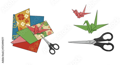 Creative Japanese origami paper crafts with scissors for making beautiful paper cranes