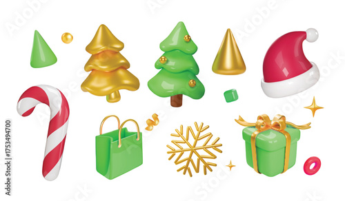 Set of Christmas ornaments. Decorative xmas elements Christmas candy cane, snowflake, Shop bag, gift box,, christmas tree, Santa hat. 3d cartoon realistic icons illustration vector