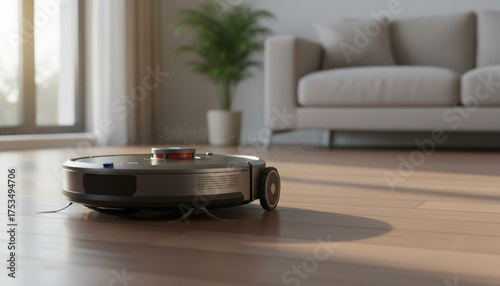 Robotic Vacuum Cleaner in Motion on Hardwood Floor