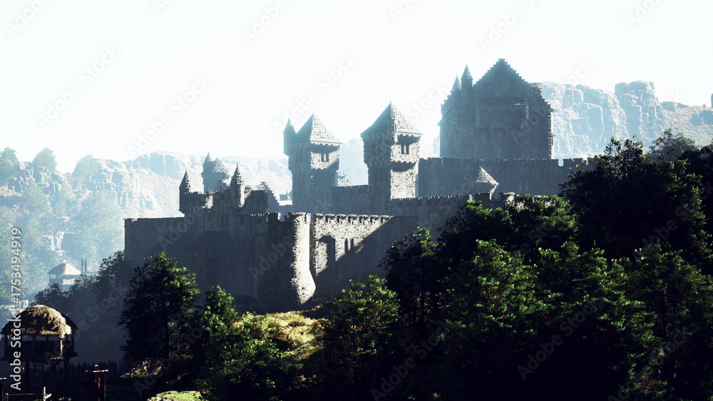 Obraz na plátně A grand castle stands tall on a hillside, surrounded by lush greenery