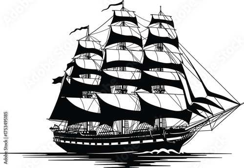 Black silhouette of a three masted sailing ship with full sails on water tall ship schooner