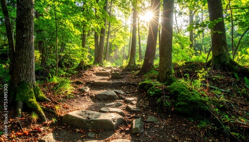 A sunlit forest path, with steps winding through the woods. Vibrant green leaves filter the bright light. Moss covers the tree trunks and stones