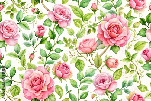 Delicate watercolor painting of pink roses and green leaves, a beautiful floral seamless pattern for romantic designs
