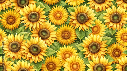Vibrant field of sunflowers with green leaves, a bright and cheerful floral pattern perfect for summer themes