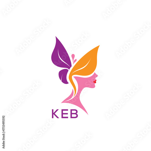KEB Elegant Butterfly Woman Logo Design.  Beauty and Wellness Brand Identity   Feminine Salon and Cosmetic Symbol
