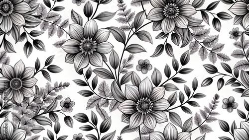 Intricate floral pattern with detailed botanical illustration of blooming flowers and leaves in monochrome
