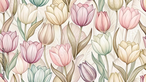 Seamless pattern of watercolor tulips in pastel shades of pink, yellow, and green, with delicate leaves and a subtle textured background