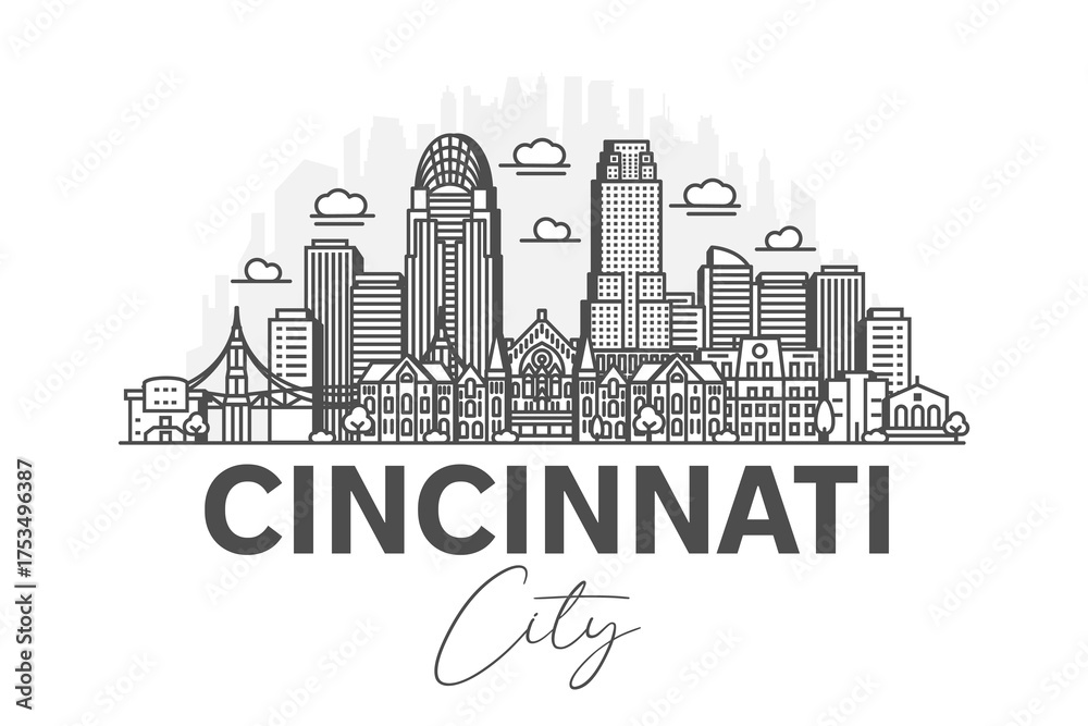 Fototapeta premium Cincinnati, Ohio architecture line skyline illustration with shadows. Linear vector cityscape with famous landmarks, city sights, design icons.
